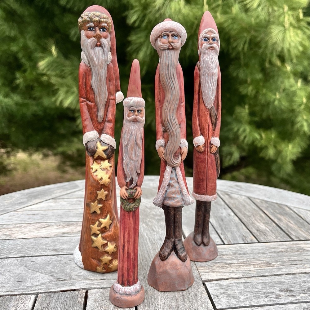 Vtg Old World Pencil Santas 9" Ceramic Folk Art  Figurine (4) Stars Wreath Sack